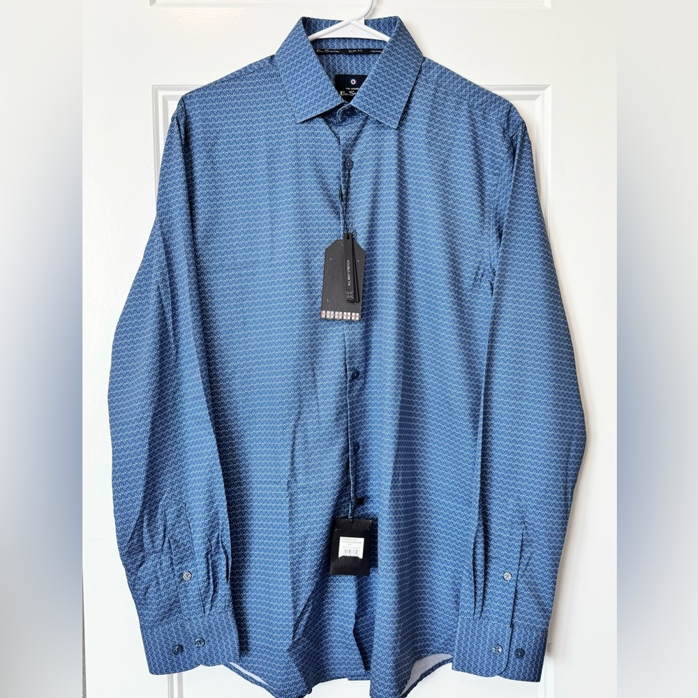 NWT Ben Sherman Slim Fit Geometric Print Button Down Shirt Blue M 15-15.5 Mod
